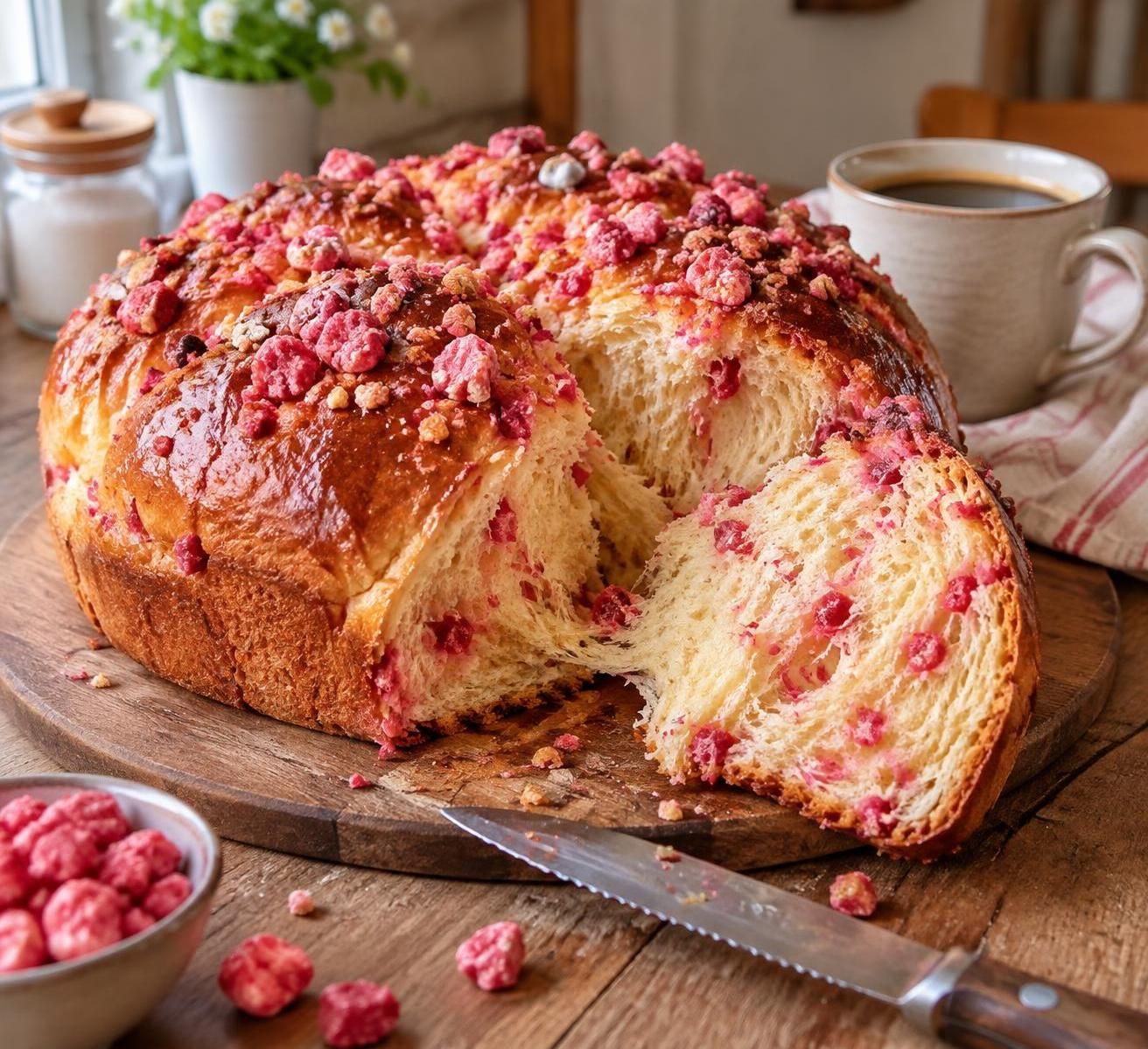 préparez une brioche aux pralines roses moelleuse et gourmande grâce à cette recette facile et inratable, avec ou sans thermomix.