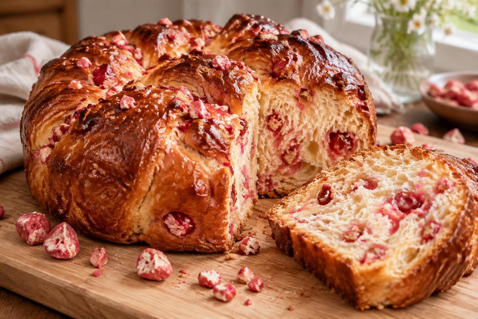 découvrez une recette facile et inratable de brioche aux pralines roses, à préparer sans robot ou au thermomix pour un résultat moelleux et gourmand.